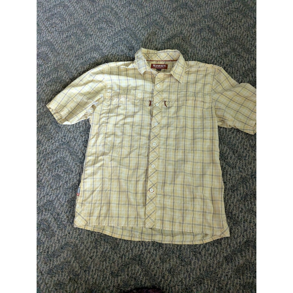 Simms Fishing Products Mens Medium Yellow Plaid Short Sleeve Button Down Shirt